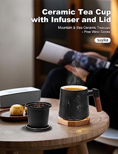 Suyika Black Ceramic Tea Cup with Infuser and Lid 15.2 oz / 450 ml