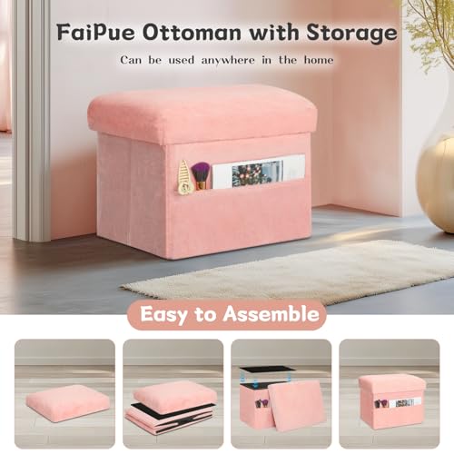 Foldable Faux Fur Storage Ottoman, Padded Foot Rest Stool, 17-Inch Pink