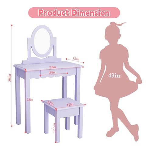 Kids Vanity Set with Mirror, Stool, and Drawer - Purple Wooden Makeup Desk