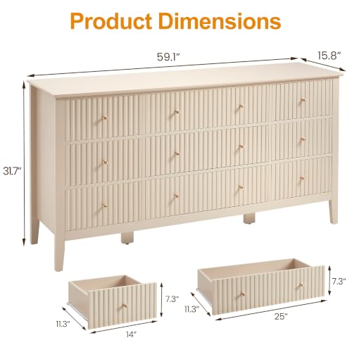 59-Inch Fluted 9-Drawer Dresser, Modern Beige Wooden Storage Cabinet