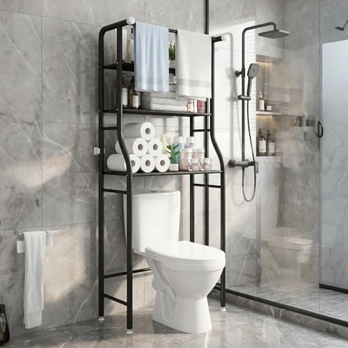 UDEAR Black 3-Tier Over Toilet Storage Rack with Hanging Rod Bathroom Organizer
