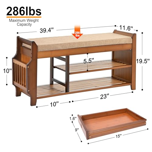 Bamboo Shoe Storage Bench with Hidden Drawer, Cushion, and Side Holder