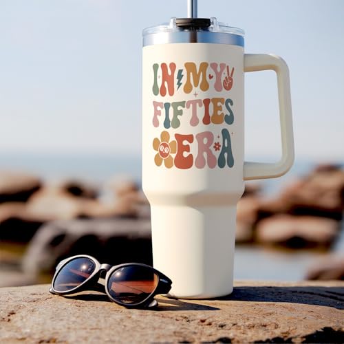 50th Birthday Gift Tumbler for Her 40oz Stainless Steel with Handle & Straw - 50s Era
