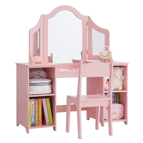 Kids Vanity Set with Tri-Fold Mirror & Storage - Princess Makeup Desk for Girls 3-9, Pink with Chair