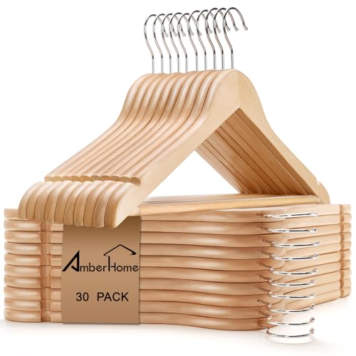 Natural Wooden Coat Hangers 30 Pack, Heavy Duty Wood Suit Hangers with Non-Slip Pants Bar