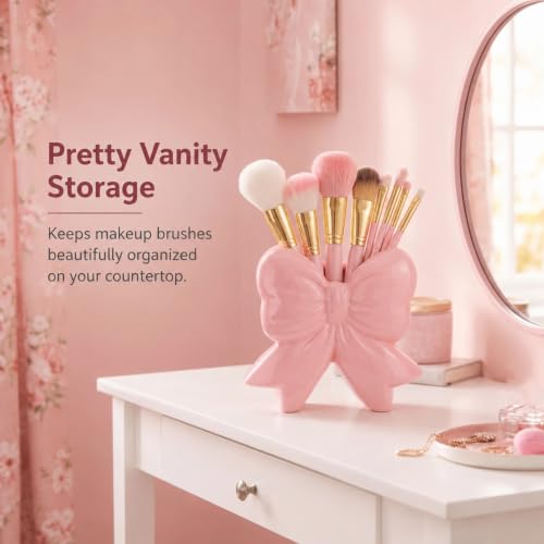 Pink Ceramic Bow Vase & Makeup Brush Holder - Small Vanity Desk Organizer