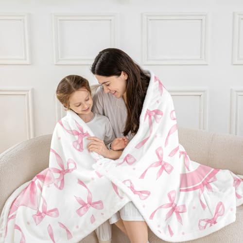 Pink C & White Bow Blanket Throw 50x60 Fleece & Sherpa Kids Teen Girl Decor