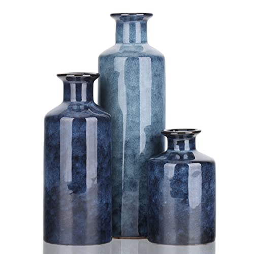 Blue Ceramic Vase Set of 3 - Modern Farmhouse Rustic Decorative Table Centerpiece