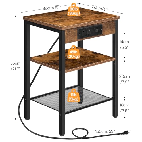 3-Tier Side Table with Charging Station & USB Ports - Rustic Brown