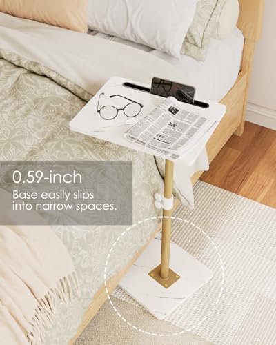 Adjustable C-Shaped Side Table, 360° Swivel Couch Snack Tray, Marble White