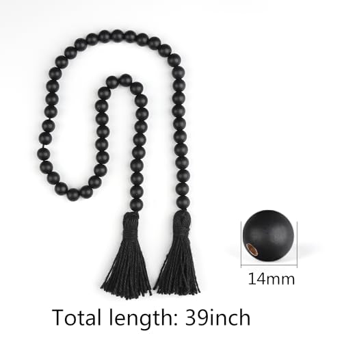 39-Inch Black Wood Bead Garland with Tassels, Rustic Farmhouse Decor
