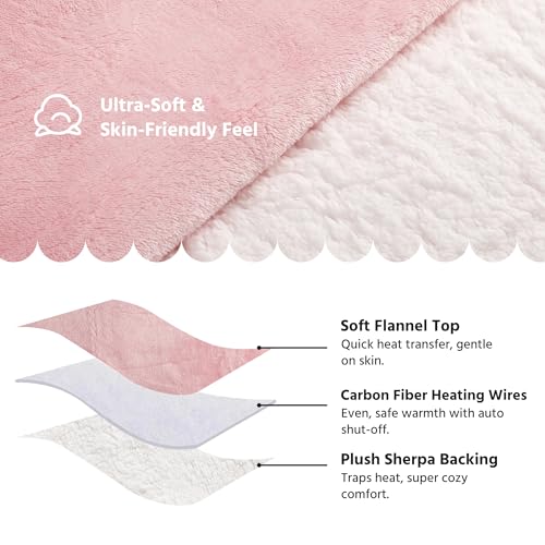 Electric Heated Blanket Queen Size - Soft Flannel, 10 Heat Settings, Dual Zone Control, Machine Washable, Light Pink