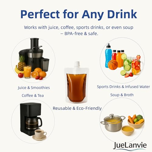 20 Pcs 8oz Collapsible Plastic Drink Pouches - Leak-Proof Travel Flasks, Small Mouth, JueLanvie