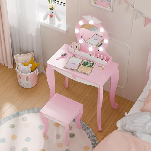 Kids Vanity Set with Lighted Mirror and Stool - Pink Princess Makeup Desk