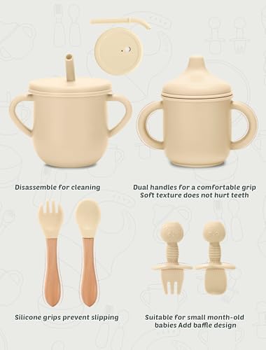 Silicone Baby Feeding Set 9-Piece Spill-Proof Suction Plate Bowl Bib Green