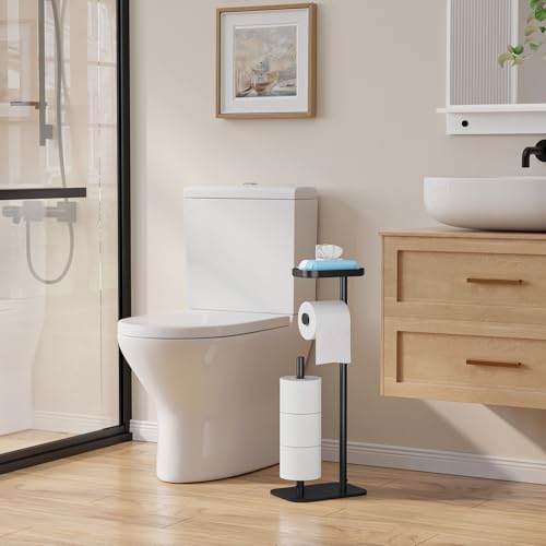 Kitsure Free Standing Metal Toilet Paper Holder with Shelf and 4-Roll Storage