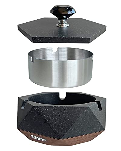 Windproof Outdoor Ashtray with Lid and Removable Liner, Black Stone Texture