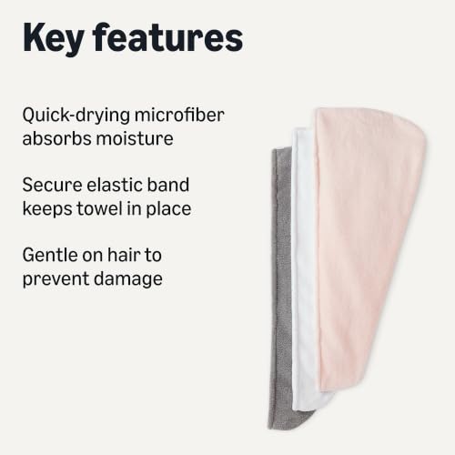 Amazon Basics Microfiber Hair Towel Wrap 3-Pack - Quick Dry, Soft, Recycled Material, White/Grey/Pink