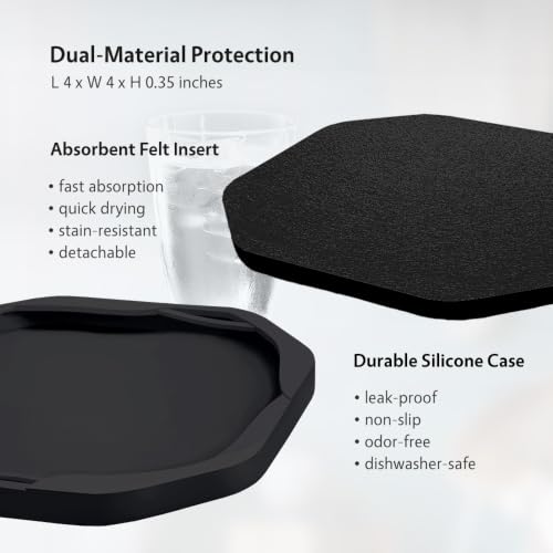 UMIRRO 6 Pack Black Octagon Felt & Silicone Drink Coasters with Holder - Absorbent & Leakproof