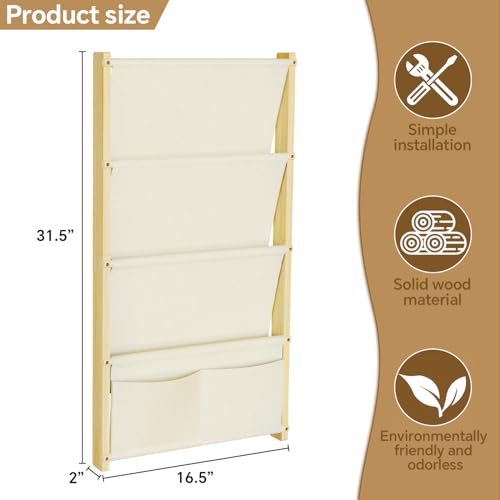 4-Tier Wall Mounted Kids Bookshelf, Natural Pine Wood Floating Book Organizer