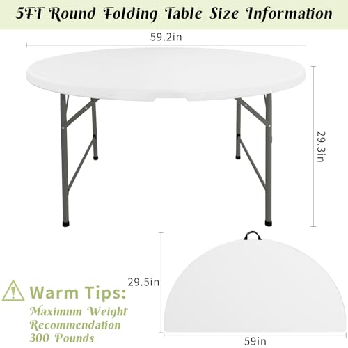 5ft Round Folding Table, Portable Fold-in-Half Plastic Picnic Table