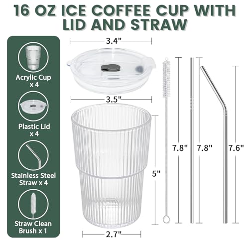 16 oz Ribbed Reusable Iced Coffee Cups with Lids and Straws - 4 Piece Set