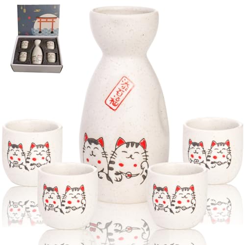 Japanese Sake Set with Maneki Neko Cups & Carafe - Ceramic Hot Drink Gift