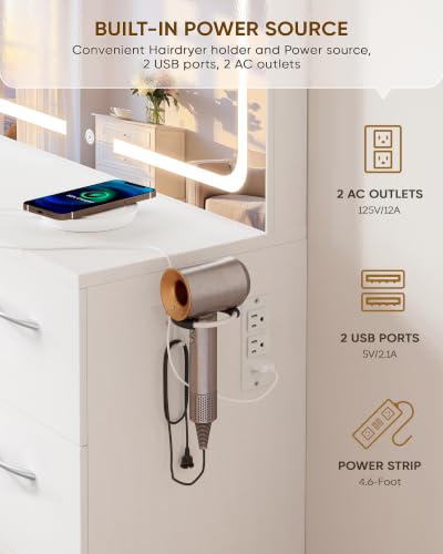 35.4" White Vanity Desk Set with LED Mirror, Charging Station & Stool