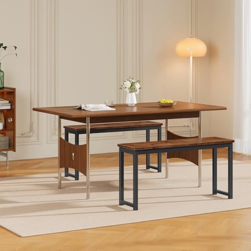 Industrial Dining Benches, Set of 2 Rustic Brown Metal Frame Indoor Benches