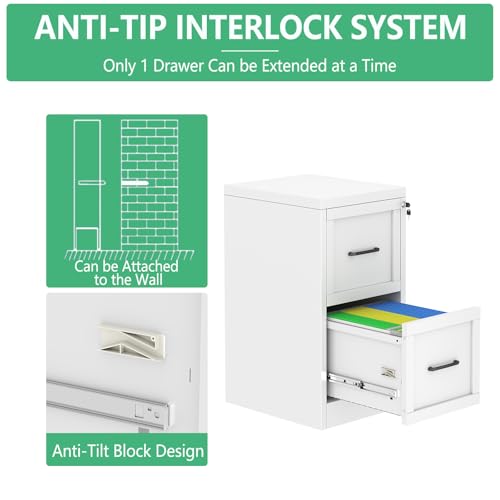 2-Drawer Vertical File Cabinet with Lock, White Steel Storage Organizer