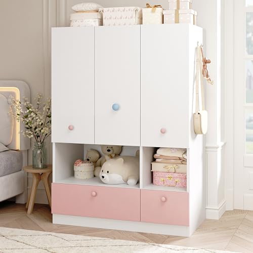 3-Door Wooden Wardrobe Armoire with Hanging Rod, Drawers and Shelves