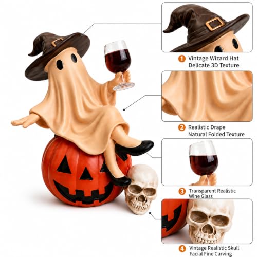Resin Halloween Ghost Figurine with Witch Hat, Pumpkin & Wine Glass Decor