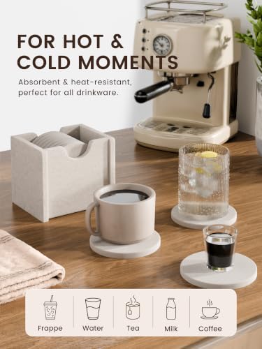 Fluxynara Felt Coasters Set of 8 with Holder - Oatmeal Round Drink Protectors