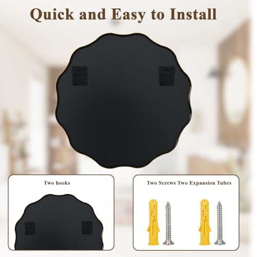 30-Inch Gold Scalloped Round Wall Mirror, Wavy Edge Decorative Metal Mirror