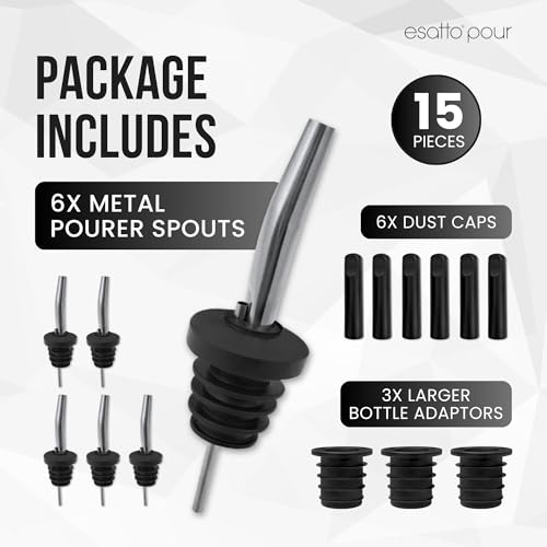 Esatto Stainless Steel Liquor Pourers 6 Pack with Dust Caps - Chrome, Leak-Proof, Drip-Free