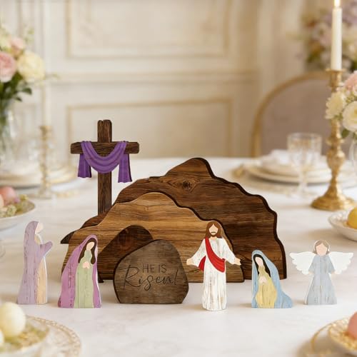 Wooden Easter Resurrection Scene Decor - 9-Piece Empty Tomb Cross Set