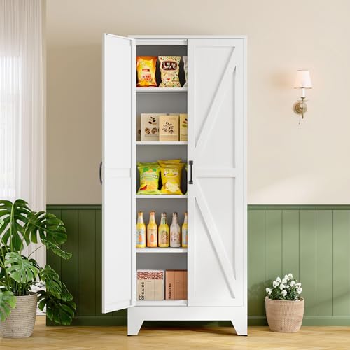 75" Farmhouse Metal Pantry Cabinet with Barn Doors and Adjustable Shelves