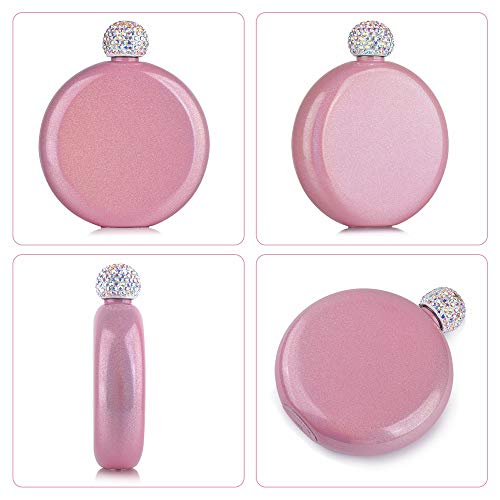 Pink Glitter Liquor Flask for Women 5oz Stainless Steel Rhinestone Cap Junya