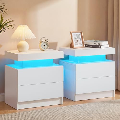 Modern White 2-Drawer Nightstand Set with App-Controlled RGB LED Lights