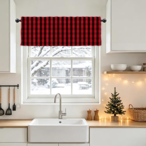 54x18 Inch Christmas Red Black Buffalo Check Valance with Rod Pocket