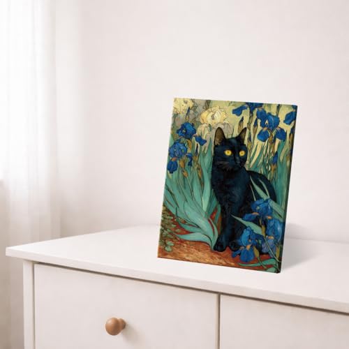 Suifad Oil-9 Vintage Floral Cat Wall Art 8x10 in Framed Canvas Print - Blue Flowers