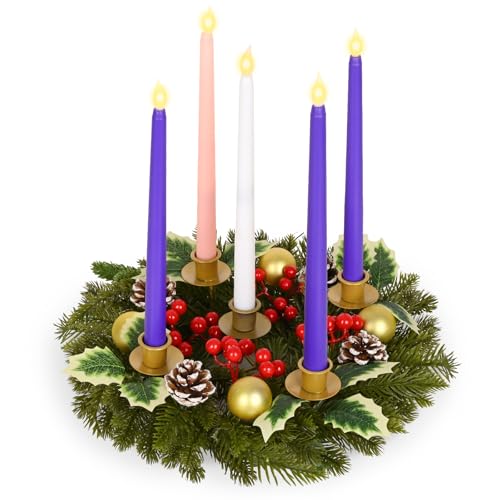 Waipfaru Green Christmas Advent Wreath Set with Flameless Candles, 12 Inch Holiday Centerpiece