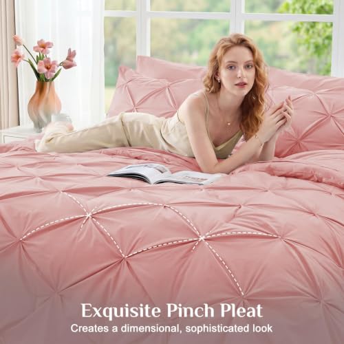 Queen Pintuck Comforter Set - 7-Piece All-Season Bed in a Bag, Pink