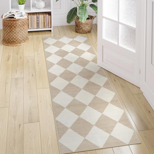 Checkered Print Runner Rug 2x6, Washable Non-Slip Faux Wool Kitchen Runner