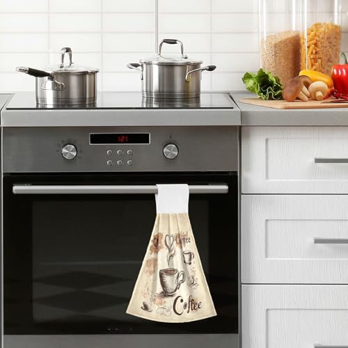 Coffee Theme Hanging Kitchen Towels - Soft Absorbent Coral Fleece Set of 2
