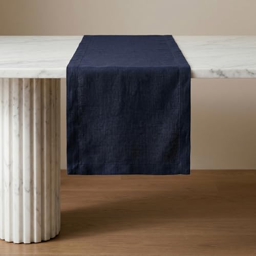Solino Home Navy Linen Table Runner 14x90 Inches - 100% European Flax, Handmade