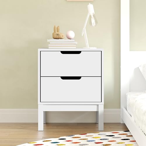 Kids Wooden Nightstand with 2 Drawers - White Bedroom Storage Side Table