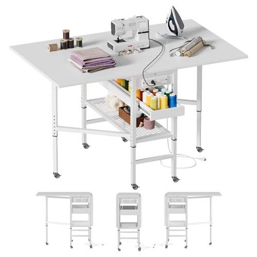 Height Adjustable Folding Sewing & Craft Table with Charging Station, Storage