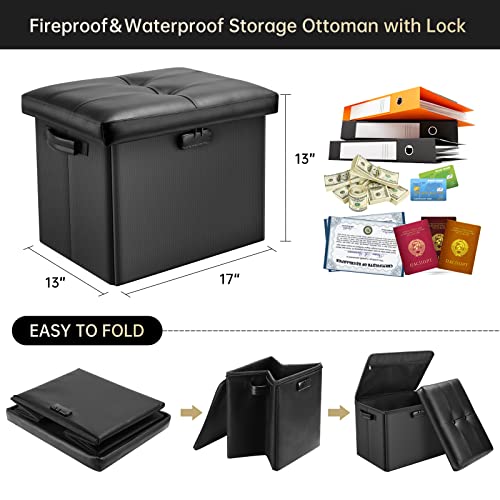 Fireproof Storage Ottoman with Lock - Folding Footrest Safe Chest