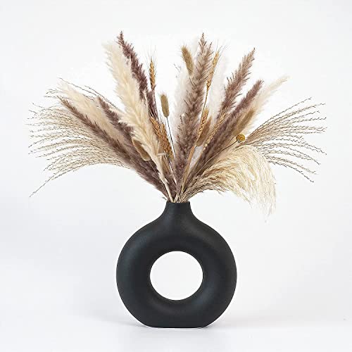 Black Donut Ceramic Vase - Minimalist Hollow Flower Vase for Home Decor